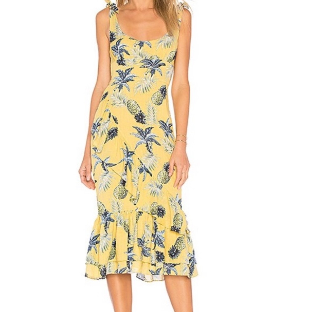 MAJORELLE Yellow Pineapple Print Tie-Shoulder Midi Dress 💛